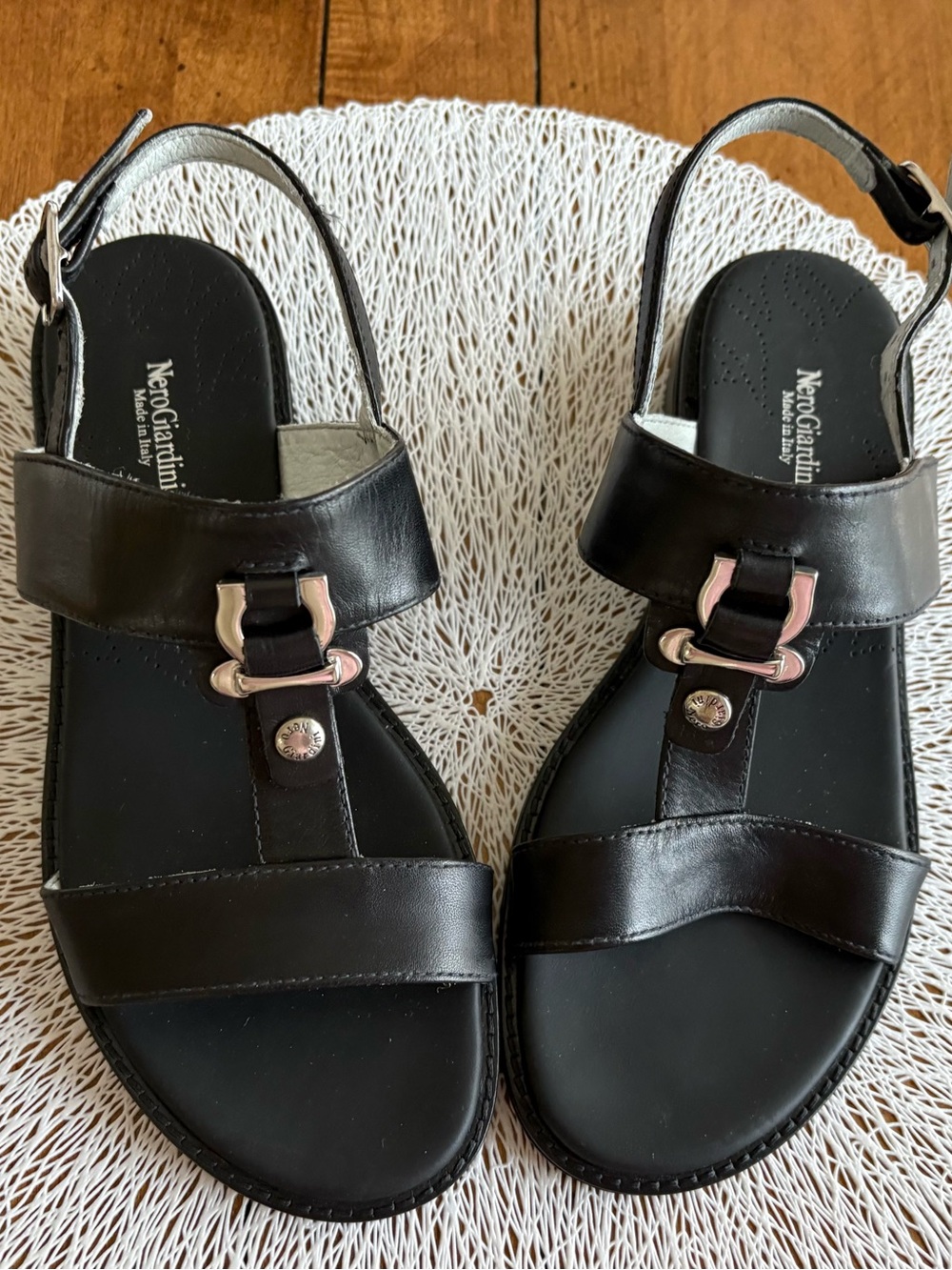 New Women’s Nero Giardini Black Leather Buckle Slingback Sandals Size EU 36 US 6